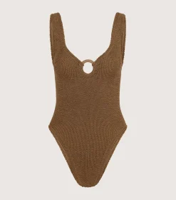 Hunza G V Neck-Celine Swim With Tonal Hoops - Metallic Cocoa