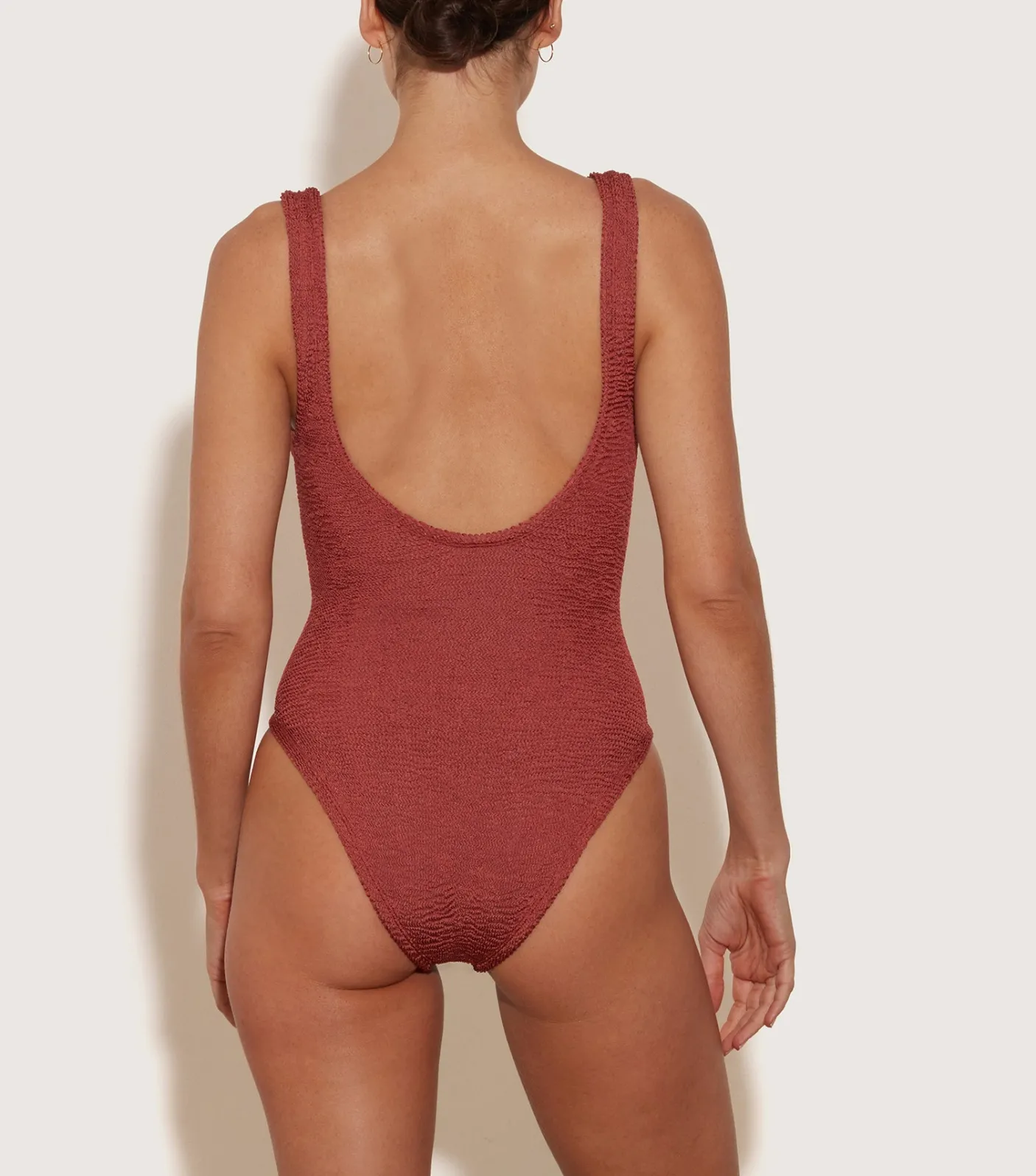 Hunza G V Neck-Celine Swim With Tonal Hoops - Metallic Rosewood