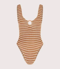 Hunza G V Neck-Celine Swim With Tonal Hoops - Metallic Cocoa/White Stripe