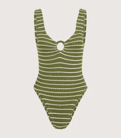 Hunza G V Neck-Celine Swim With Tonal Hoops - Metallic Moss/White Stripe