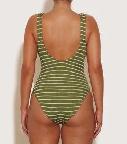 Hunza G V Neck-Celine Swim With Tonal Hoops - Metallic Moss/White Stripe