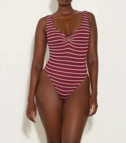 Hunza G V Neck-Celine Swim With Tonal Hoops - Wine/White Stripe