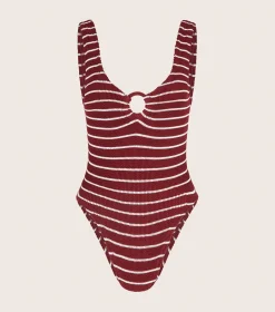 Hunza G V Neck-Celine Swim With Tonal Hoops - Wine/White Stripe