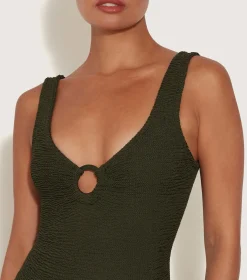 Hunza G V Neck-Celine Swim With Tonal Hoops - Metallic Khaki