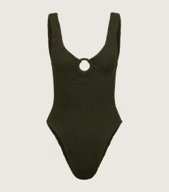 Hunza G V Neck-Celine Swim With Tonal Hoops - Metallic Khaki