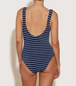Hunza G V Neck-Coverage Celine Swim With Tonal Hoops - Navy/White Stripe
