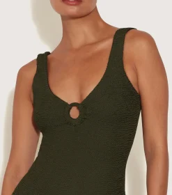 Hunza G V Neck-Coverage Celine Swim With Tonal Hoops - Metallic Khaki