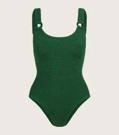 Hunza G Scoop Neck-Domino Swim With Tonal Hoops - Metallic Forest Green