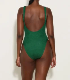 Hunza G Scoop Neck-Domino Swim With Tonal Hoops - Metallic Forest Green