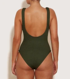 Hunza G Scoop Neck-Domino Swim With Tonal Hoops - Metallic Khaki