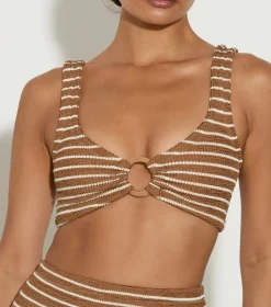 Hunza G Bikini Sets|Bralette-Nadine Bikini With Tonal Hoops - Metallic Cocoa/White Stripe