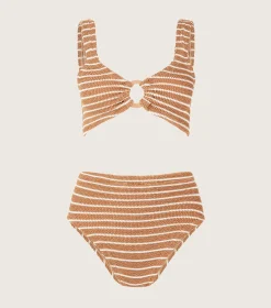 Hunza G Bikini Sets|Bralette-Nadine Bikini With Tonal Hoops - Metallic Cocoa/White Stripe