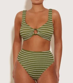Hunza G Bikini Sets|Bralette-Nadine Bikini With Tonal Hoops - Metallic Moss/White Stripe