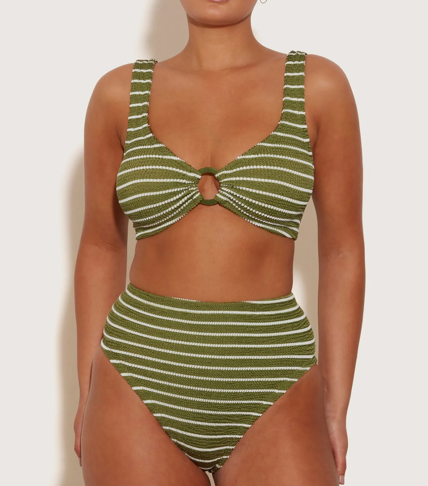 Hunza G Bikini Sets|Bralette-Nadine Bikini With Tonal Hoops - Metallic Moss/White Stripe