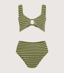 Hunza G Bikini Sets|Bralette-Nadine Bikini With Tonal Hoops - Metallic Moss/White Stripe