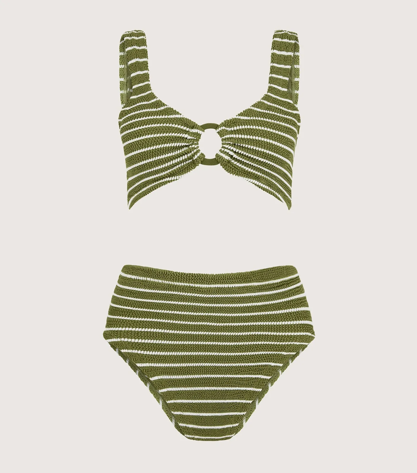 Hunza G Bikini Sets|Bralette-Nadine Bikini With Tonal Hoops - Metallic Moss/White Stripe