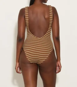 Hunza G Square Neck-Square Neck Swim - Metallic Cocoa/White Stripe