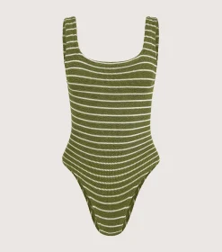 Hunza G Square Neck-Square Neck Swim - Metallic Moss/White Stripe
