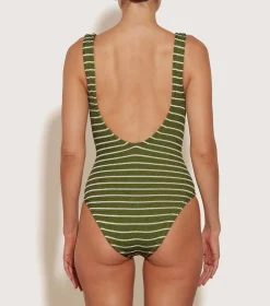 Hunza G Square Neck-Square Neck Swim - Metallic Moss/White Stripe